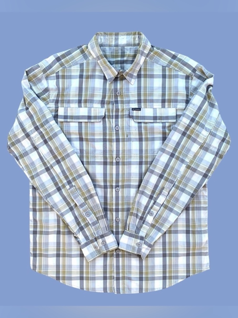 Columbia Omni-Shade Vented Gray & Tan Plaid Long Sleeve Shirt, Flawed ~ Men’s M